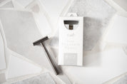 Slate Grey mens safety Razor from CaliWoods out of the packaging and the box beside it