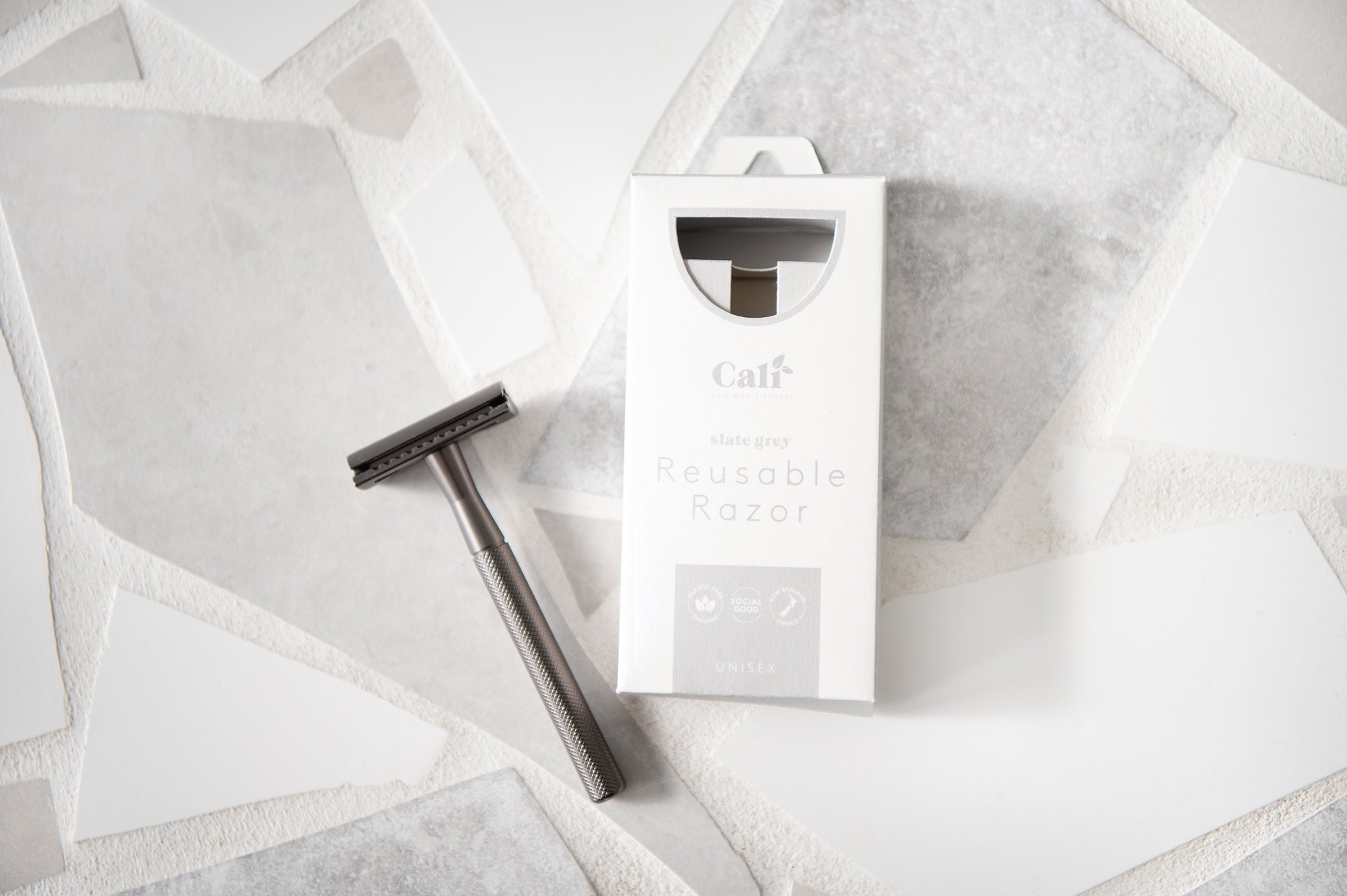 Slate Grey mens safety Razor from CaliWoods out of the packaging and the box beside it