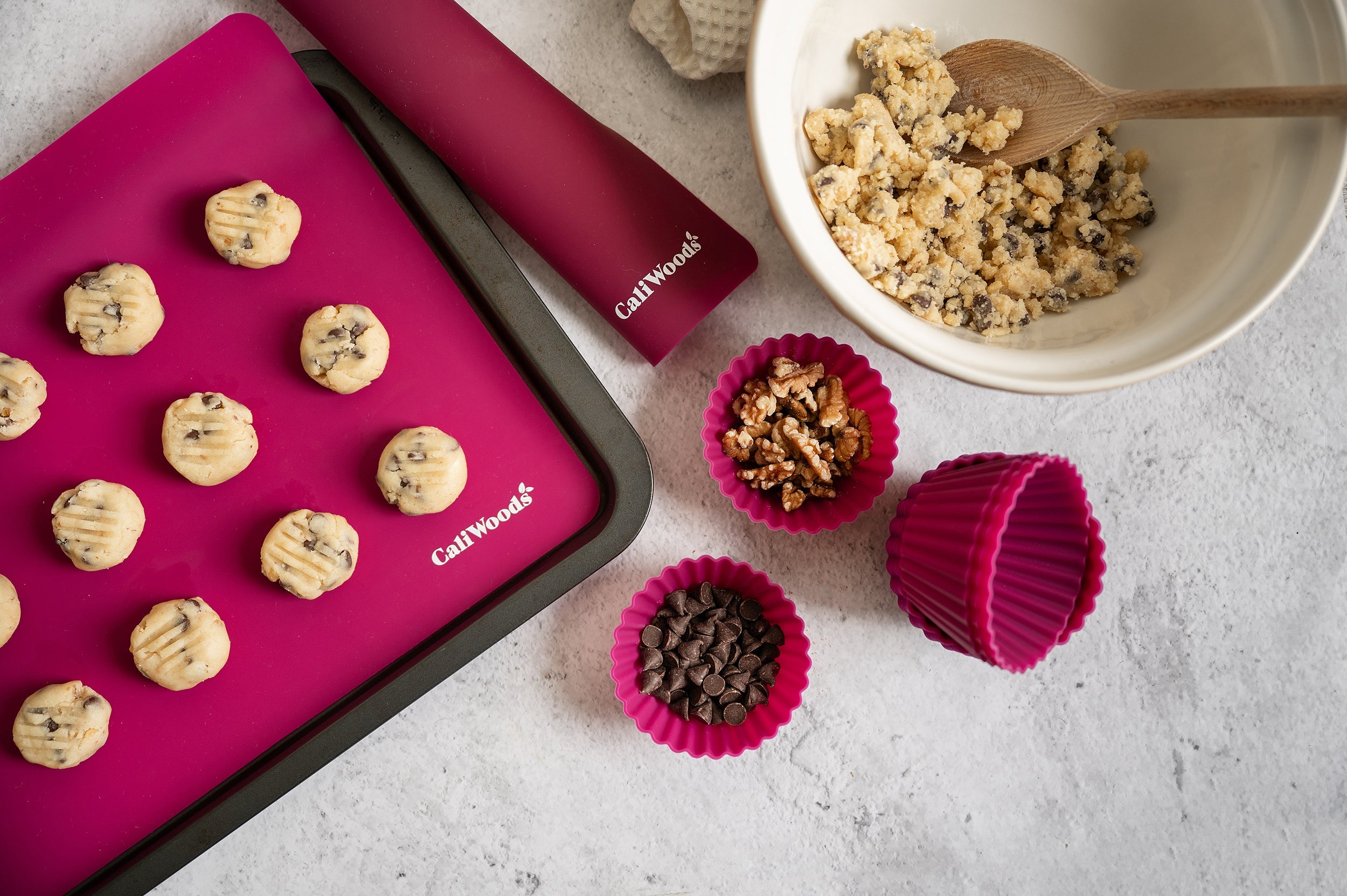 CaliWoods Reusable Baking Mats with large Silicone Muffin Liners Berry Colour with baking accessories