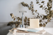 Silver Safety Razor in a stand with Shaving Soap Bar