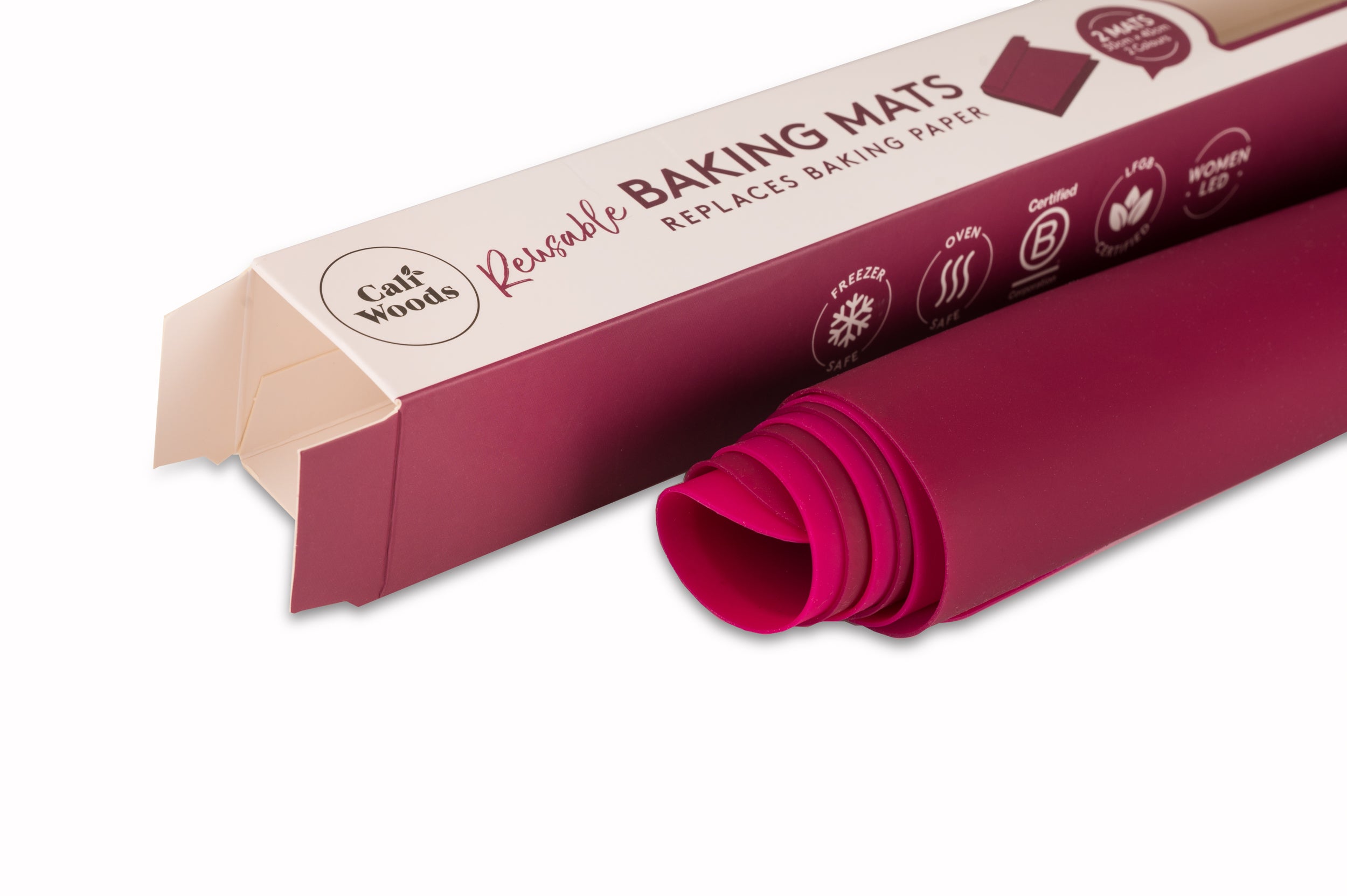 CaliWoods Reusable Baking Mats with large Silicone Muffin Liners Berry Colour with baking accessories