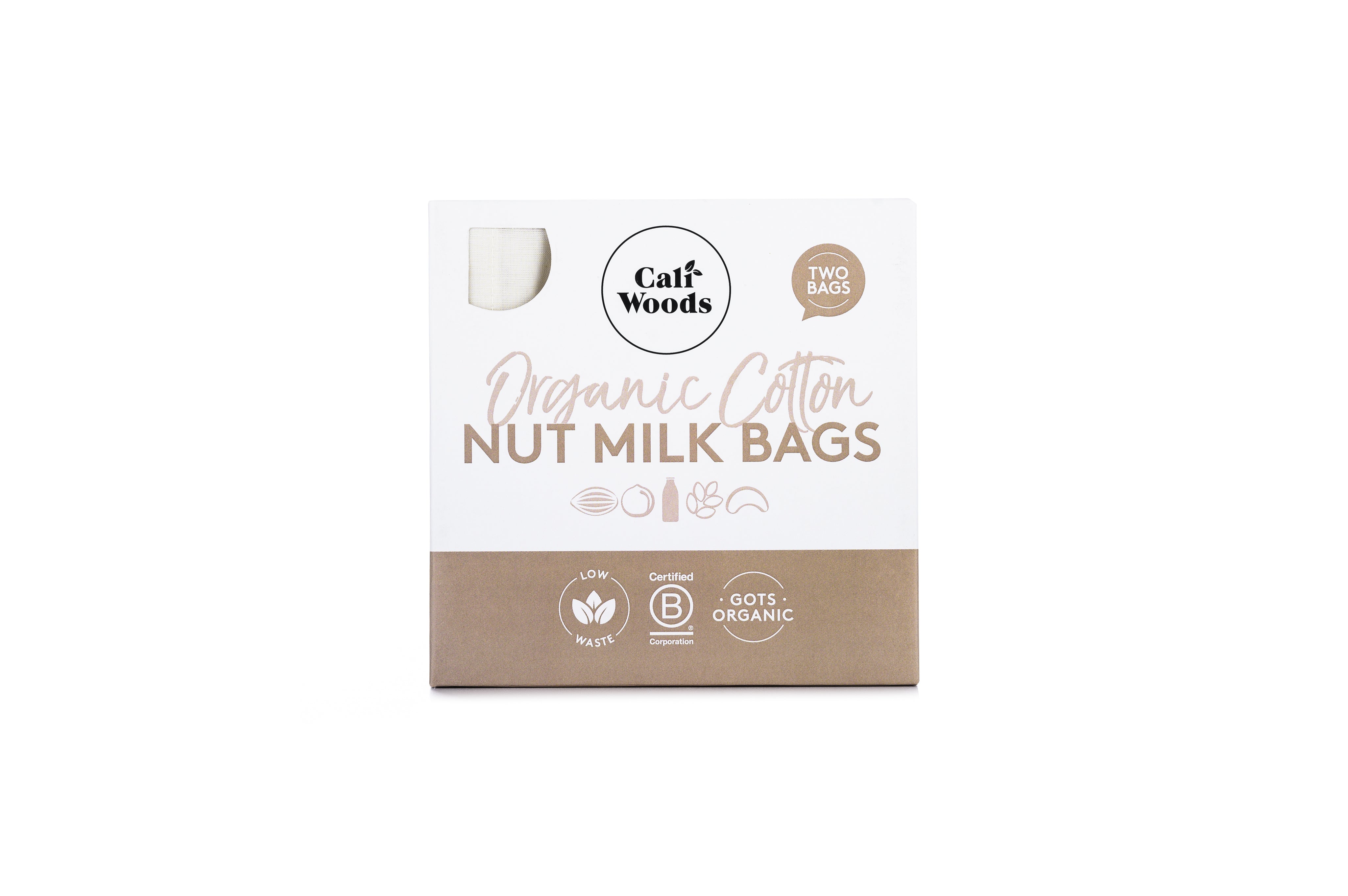 Organic Cotton CaliWoods Nut Mylk Bags in packaging