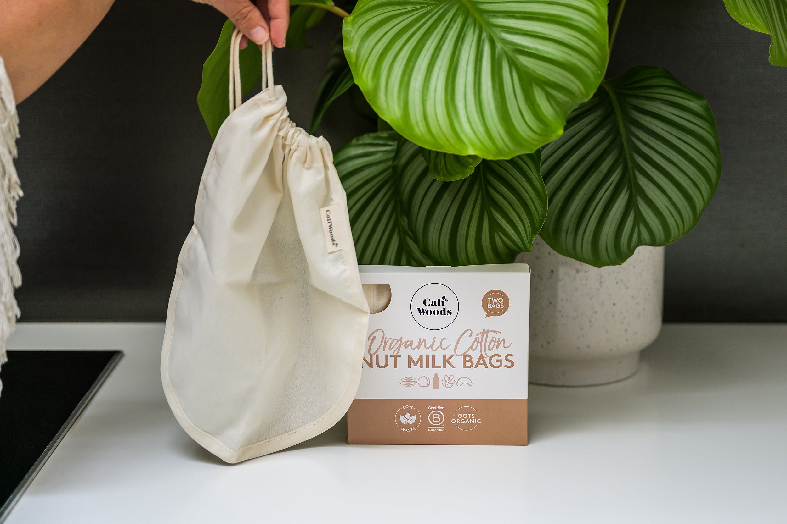 CaliWoods nut milk bags in the box and out of the box