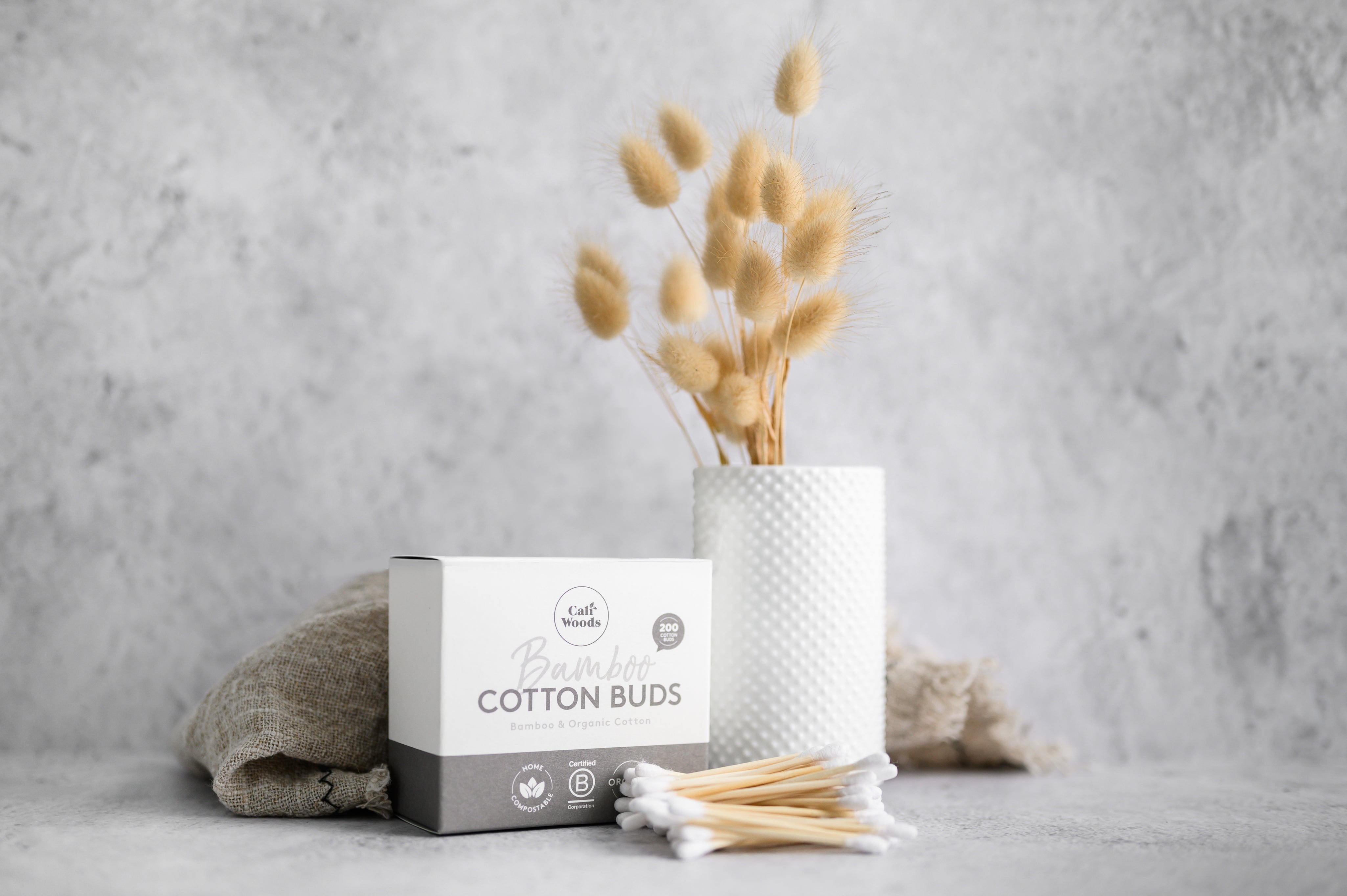 Organic Cotton Buds in bathroom setting with minimalist aesthetic and natural tones