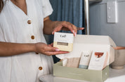 Zero waste shaving soap bar in front of the CaliWoods copper shave kit