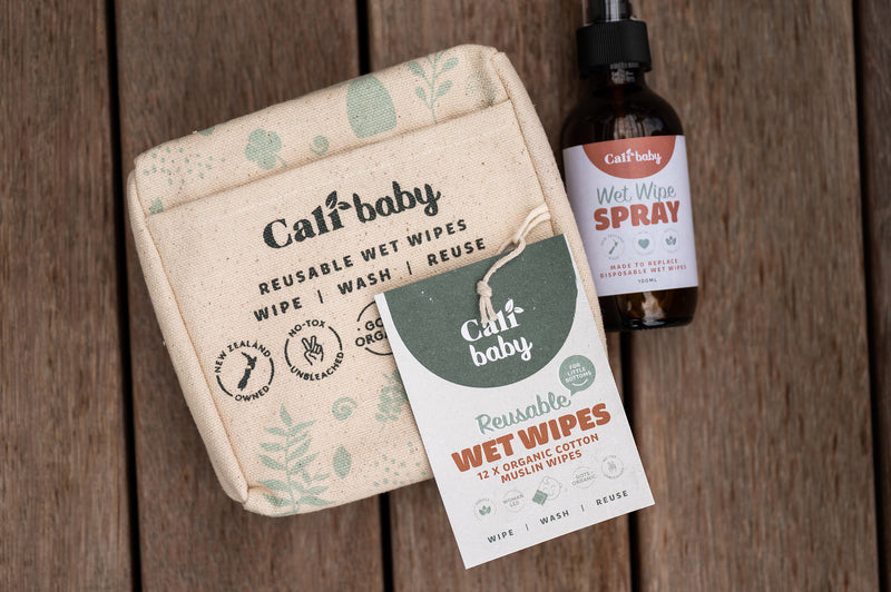CaliBaby Wet Wipe Kit spray bottle and organic cotton muslin wipes