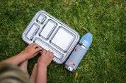 Kids Lunch Kit Insulated Stainless Steel Bento Lunch Box with Pura Kiki Bottle with sippy lid in Grey colour with fox on white background
