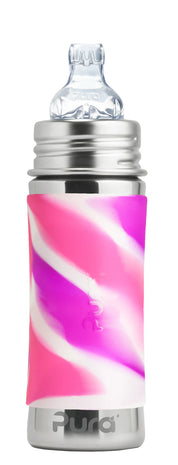 kids Pura Kiki Bottle with sippy lid in pink colour with swril on white background