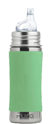 kids Pura Kiki Bottle with sippy lid in moss colour on white background