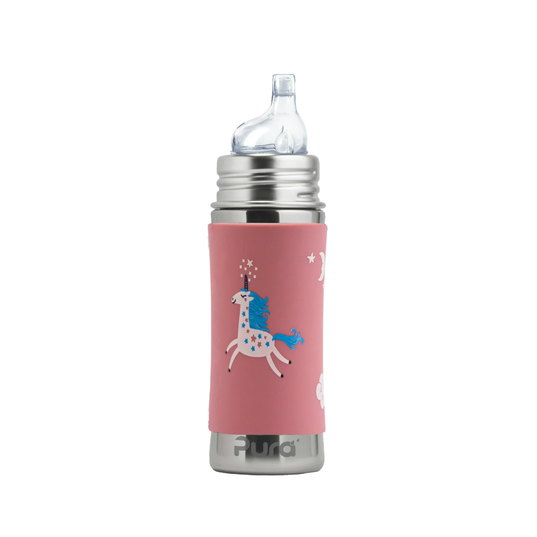 A Pura Kiki 325ml stainless steel toddler sippy bottle in Pink with a cute Unicorn design. This eco-friendly, BPA-free bottle features a durable stainless steel body with a silicone sippy spout.