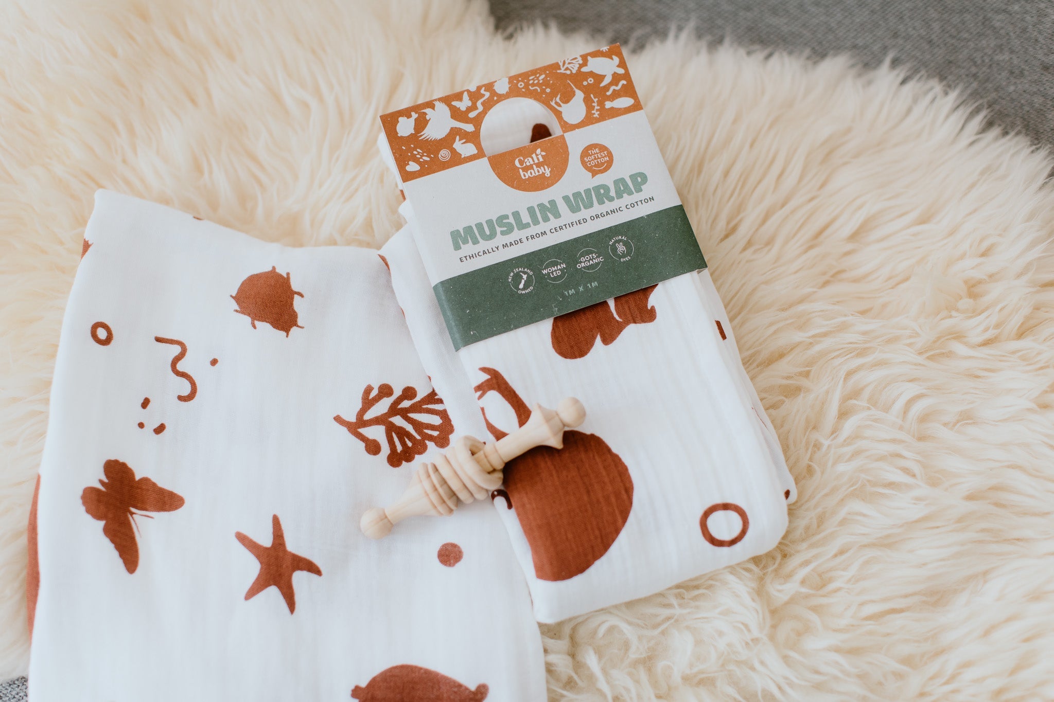 Organic Muslin Wrap - Animals In Rust